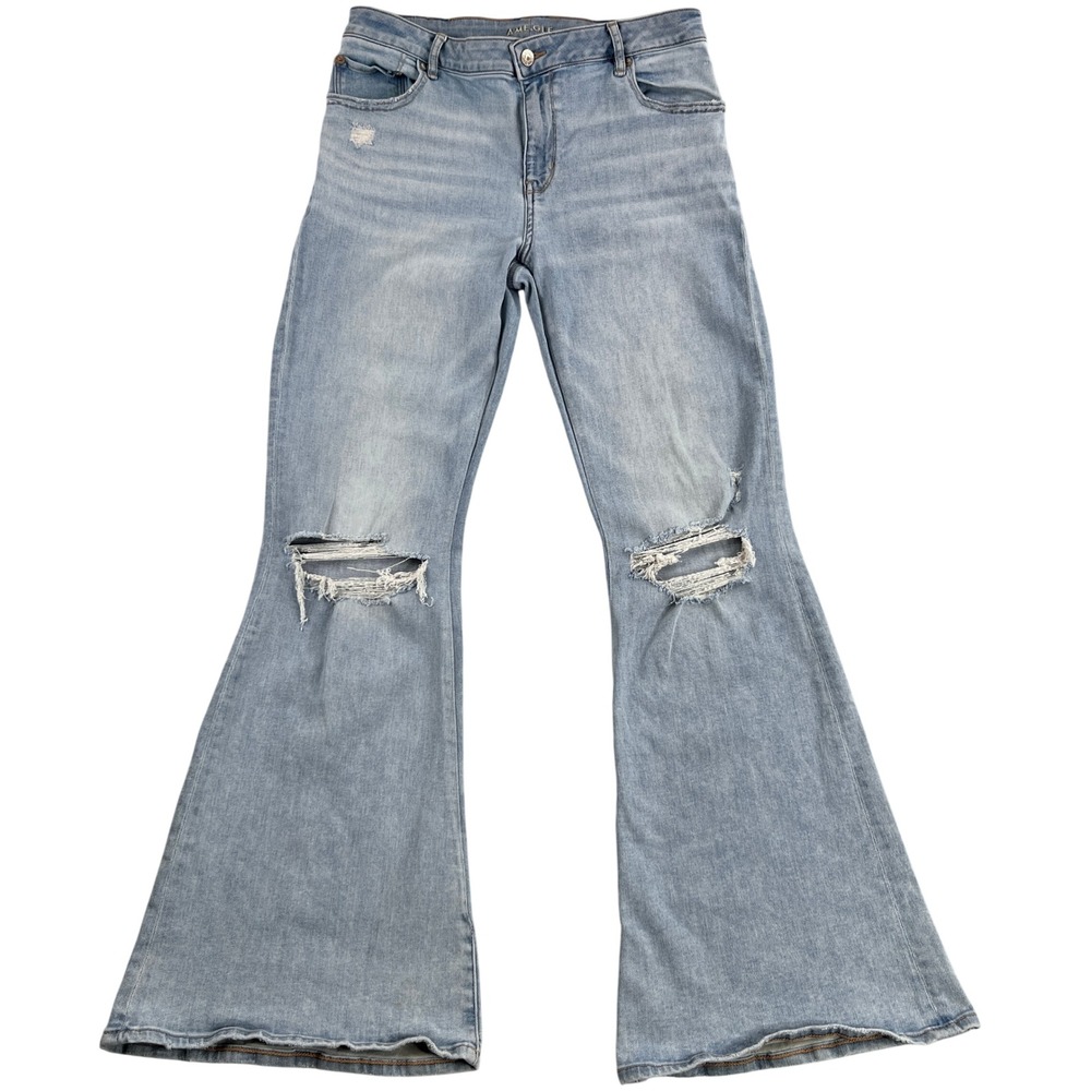 American Eagle Distressed Flare Jeans 16 Long Blue Women Boho Y2K Denim